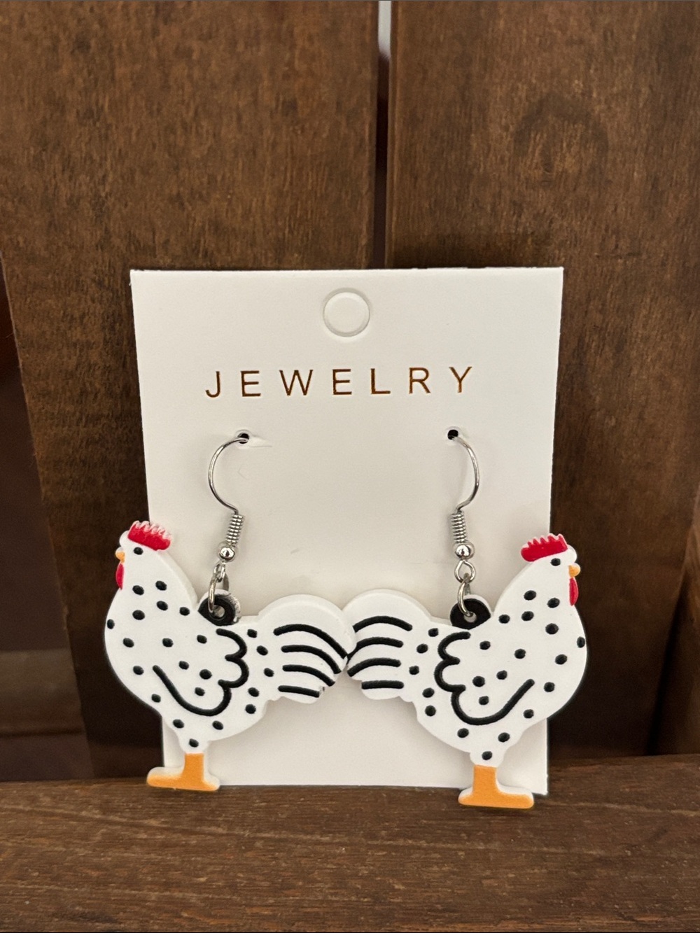 Cute White Speckled Hen Drop Earrings - Jewelry